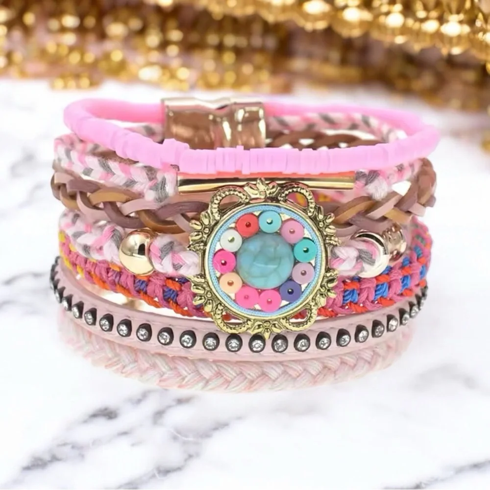 Bohemian Multi-Layer Wrap Bracelet Turquoise Beads Crystals Magnetic Clo… - Picture 1 of 7
